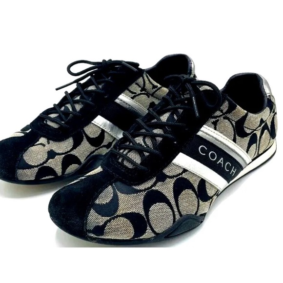 COACH Women's Jayme Signature Black and Silver Canvas Athletic Shoes USA Size 7M - Picture 1 of 16